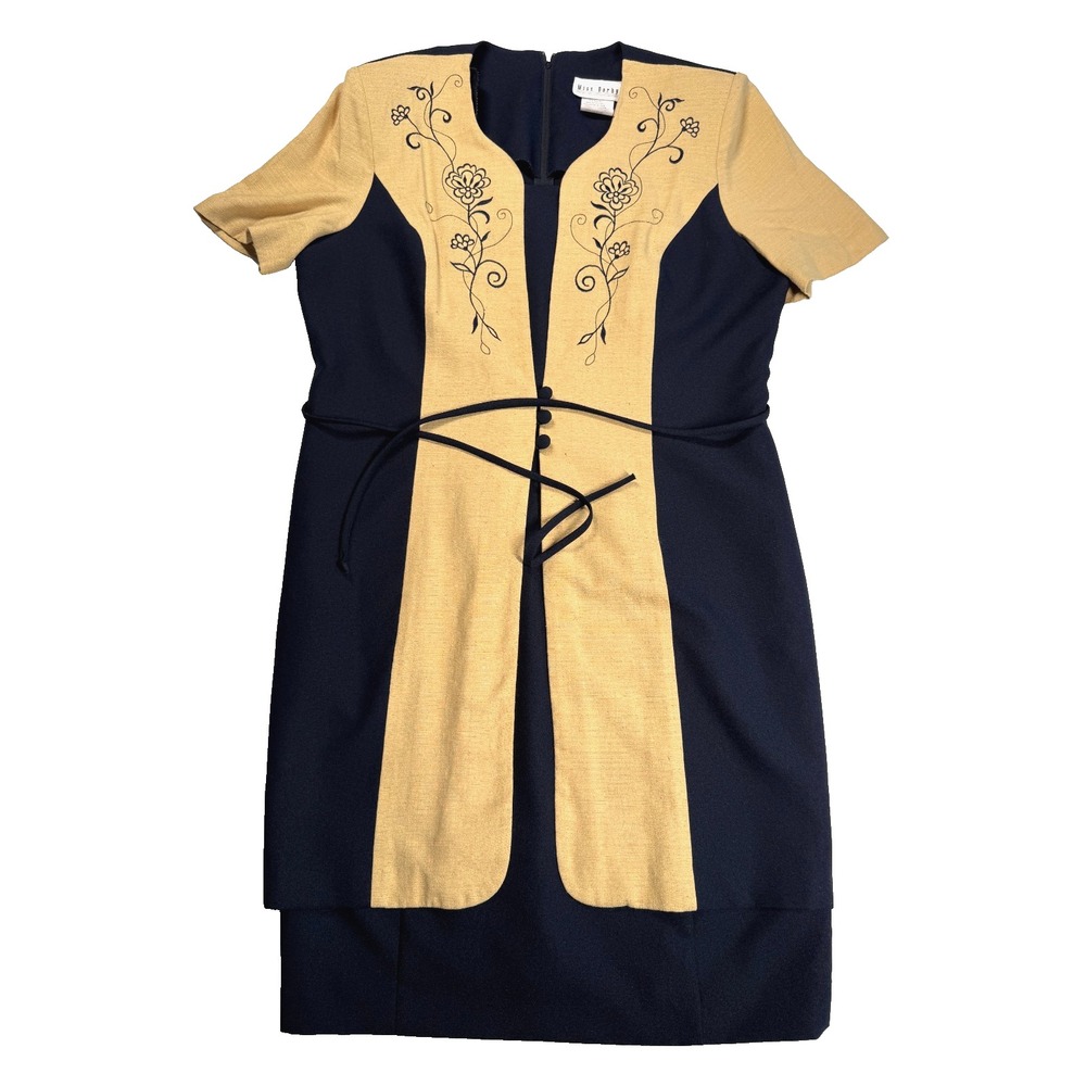 Miss Dorby Sheath Dress Womens XL Navy Tan Floral Belted V Neck Vintage